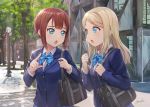  3girls :o ^_^ ayase_arisa bag bangs blazer blonde_hair blue_bow blue_eyes blue_jacket blue_neckwear blue_skirt bow bowtie brown_hair building closed_eyes collared_shirt commentary_request day dress_shirt eyebrows_visible_through_hair green_eyes hair_bow hair_ornament hairclip hand_up highres index_finger_raised jacket kousaka_honoka kousaka_yukiho lamppost long_hair long_sleeves looking_at_another love_live! love_live!_school_idol_project multiple_girls one_side_up open_mouth orange_hair otonokizaka_school_uniform outdoors own_hands_together parted_bangs school_bag school_uniform shamakho shiny shiny_hair shirt short_hair sidelocks signature skirt standing striped striped_neckwear sunlight tree upper_body white_shirt yellow_bow 