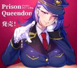  1girl blue_hair blue_jacket breast_rest breasts closed_mouth collared_shirt commentary_request cum cum_on_gloves dress_shirt gloves hand_on_own_cheek hat head_tilt jacket large_breasts long_hair looking_at_viewer minamoto original peaked_cap purple_eyes red_neckwear shirt sitting smile table translation_request uniform white_gloves white_shirt 