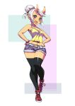  bottomwear clothing female ferolepo horn horned_humanoid humanoid legwear not_furry shorts solo thigh_highs wide_hips 