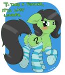  blush butt clothing embarrassed equid equine feral filly_anon green_eyes hair hi_res knee_socks kumakum legwear looking_at_viewer mammal my_little_pony panties simple_background socks solo text underwear 