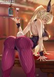  1girl ahoge alcohol alternate_costume animal_ears artoria_pendragon_(all) artoria_pendragon_(lancer_alter) artoria_pendragon_(swimsuit_ruler)_(fate) artoria_pendragon_(swimsuit_ruler)_(fate)_(cosplay) ass back bangs bare_shoulders black_leotard blonde_hair blush bottle braid breasts bunny_ears bunny_tail bunnysuit center_opening closed_mouth cosplay cup detached_collar drinking_glass fate/grand_order fate_(series) fishnet_pantyhose fishnets french_braid highleg highleg_leotard highres large_breasts leotard long_hair looking_at_viewer nanaya_(daaijianglin) pantyhose ponytail purple_legwear sidelocks smile solo tail thighs tiara tray underboob wrist_cuffs yellow_eyes 