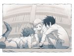  1girl 2boys ahoge book bookshelf boots emma_(yakusoku_no_neverland) indesign knee_up library long_sleeves lying miniskirt monochrome multiple_boys norman_(yakusoku_no_neverland) on_floor on_stomach outside_border pants pointing profile ray_(yakusoku_no_neverland) reading shirt shoe_soles shoes short_hair sitting skirt smile yakusoku_no_neverland 