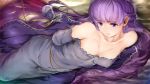  1girl arms_behind_back bare_shoulders braid breasts cleavage cloak collarbone crown_braid dress eyebrows_visible_through_hair fire_emblem fire_emblem:_the_binding_blade lips long_hair lying medium_breasts nyc on_side partially_submerged purple_dress purple_eyes purple_hair solo sophia_(fire_emblem) very_long_hair wet 