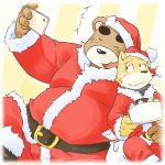  1:1 2016 anthro black_nose blush bottomwear brown_fur cake canid canine canis christmas clothing domestic_dog duo eyes_closed food fur hat headgear headwear holidays hug humanoid_hands inuryu japanese_text male mammal overweight overweight_male pants phone santa_claus text ursid 