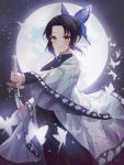  1girl black_hair bug butterfly butterfly_hair_ornament cowboy_shot doroshi full_moon hair_ornament haori highres holding holding_sword holding_weapon insect japanese_clothes kimetsu_no_yaiba kochou_shinobu looking_at_viewer moon night purple_eyes sheath sidelocks smile solo sword unsheathing weapon 