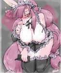  2019 5_fingers anthro areola areola_slip beauty_mark big_breasts blush bodily_fluids breasts canid canine cleavage clothed clothing countershading eyewear female fingers fox frilly frilly_clothing front_view full_bokko_heroes_x fur glasses hair hi_res holding_object kemono kneeling leaning leaning_forward legwear licking licking_lips long_hair lovehinba maid_uniform mammal pink_areola pink_eyes pink_fur pink_hair ribbons serket_(full_bokko_heroes_x) solo stockings sweat tongue tongue_out uniform 