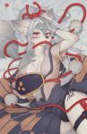  2019 accessory anthro bed bird&#039;s-eye_view black_nose blush breasts canid canine canis cheek_tuft chest_tuft cleavage clothed clothing dress eyelashes female fur gloves_(marking) grey_fur grey_hair hair hair_accessory hair_tie hakuro_(onmyoji) hi_res high-angle_view inner_ear_fluff kemono long_hair looking_at_viewer lying mammal markings mzhh on_back on_bed onmyoji portrait red_eyes solo three-quarter_portrait traditional_clothing tuft wolf 