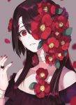 1girl bandaged_head bandaged_neck bandaged_wrist bandages bare_shoulders blurry blurry_background camellia close-up collarbone crying crying_with_eyes_open eyelashes fingernails flower flower_over_eye frilled_shirt frills fuu_kotora grey_background hair_flower hair_ornament hair_over_one_eye hand_up jewelry leaf long_hair looking_at_viewer off_shoulder original pale_skin parted_lips petals purple_hair purple_nails purple_shirt red_eyes red_flower ring shirt signature simple_background solo straight_hair tears upper_body 