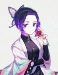  1girl black_hair butterfly_hair_ornament flower gradient_hair grey_background hair_ornament haori holding holding_flower japanese_clothes kimetsu_no_yaiba kochou_shinobu looking_at_viewer multicolored_hair purple_eyes sidelocks solo spider_lily ud_sari uniform upper_body 