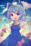  1girl ahoge artist_name blue_bow blue_dress blue_eyes blue_hair bow cirno clenched_hand cloud commentary_request dress flower hair_bow hand_on_hip highres ice ice_wings open_mouth plant red_ribbon ribbon shirt short_hair short_sleeves sky smile solo sunflower suzukkyu touhou vines white_shirt wings 