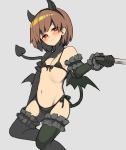  1girl androgynous blush brown_hair chara_(undertale) commentary_request demon_horns demon_tail demon_wings horns knife looking_at_viewer navel open_mouth oshiruko_(tsume) red_eyes short_hair simple_background solo swimsuit tail thighhighs undertale wings 