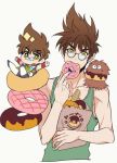  1boy brown_hair chibi doughnut eating fang food guvava looking_at_viewer macross macross_7 male_focus mayuki_(ubiquitous) nekki_basara on_shoulder short_hair solo sunglasses upper_body yellow_eyes 