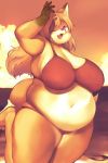 2019 akitaka belly big_belly big_breasts bikini black_nose breasts canid canine clothing female fox fur hair mammal navel overweight overweight_female slightly_chubby solo sunset swimwear thick_thighs yellow_fur 