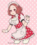  1girl :o apron ascot breasts brooch brown_hair collared_shirt cowboy_shot cropped_legs do_m_kaeru dress frilled_apron frilled_dress frills jewelry maid_headdress okumura_haru open_mouth pantyhose persona persona_5 pink_background polka_dot polka_dot_background polka_dot_dress puffy_short_sleeves puffy_sleeves purple_eyes red_dress shirt short_hair short_sleeves solo underbust waitress white_apron white_legwear white_neckwear white_shirt wing_collar wrist_cuffs 