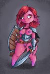  breasts cape clothing colored female freckles hair hi_res humanoid humanoid_pointy_ears imp melee_weapon nipples not_furry pussy red_hair shield short_stack simple_background solo sword weapon 
