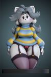  2018 absurd_res anthro beady_eyes black_nose blush bottomless breasts canid canine canis clothed clothing derp_eyes domestic_cat domestic_dog eyelashes felid feline felis female fur garter_belt garter_straps grey_hair hair hi_res legwear long_hair looking_at_viewer mammal newtype_hero panties pinup pose ribbons seductive smile solo standing stockings sweater tem temmie_(undertale) thick_thighs topwear turtleneck undertale underwear video_games white_fur wide_hips 