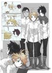  1girl 4boys :&gt; ahoge back-to-back book boots breasts brown_eyes brown_hair cheating_(competitive) child dark_skin dark_skinned_male don_(yakusoku_no_neverland) dress_shirt emma_(yakusoku_no_neverland) green_eyes hair_over_one_eye height_difference height_rod indesign jitome measuring multiple_boys neck_ribbon neck_tattoo norman_(yakusoku_no_neverland) pants partially_colored phil_(yakusoku_no_neverland) ray_(yakusoku_no_neverland) reading ribbon scarf shirt smile standing tattoo yakusoku_no_neverland 