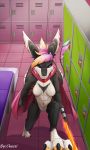  3_toes absurd_res angry anthro avali black_fur breasts cape chessi clothing feathers female fur green_locker hi_res inside locker_room looking_at_viewer orange_paws paws pink_background pink_feathers pink_locker simple_background solo toes weapon white_fur 