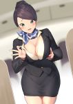  1girl aircraft airplane airplane_interior bangs black_skirt blazer blurry blush breast_hold breasts cleavage flight_attendant formal green_eyes hair_up handkerchief hat highres itohana jacket large_breasts leaning_forward legs_together looking_at_viewer motion_lines open_mouth original scarf shirt_pull skirt skirt_suit standing stewardess suit swept_bangs thighs uniform updo 