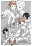  1girl 2boys arm_pillow arm_up back-to-back black_hair book book_stack bookmark boots brown_eyes cardigan closed_eyes crossed_arms emma_(yakusoku_no_neverland) foot_dangle green_eyes holding holding_book indesign laughing lying miniskirt multiple_boys multiple_views norman_(yakusoku_no_neverland) on_back on_bed on_person open_book outside_border partially_colored pillow pleated_skirt ray_(yakusoku_no_neverland) reading scratching_head shoes silver_hair sketch skirt slippers standing stretch yakusoku_no_neverland yawning 