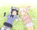  2girls :3 animal_ear_fluff animal_ears black_gloves black_hair black_neckwear black_skirt blonde_hair blue_sweater blush bow bowtie closed_eyes commentary_request common_raccoon_(kemono_friends) elbow_gloves extra_ears eyebrows_visible_through_hair fangs fennec_(kemono_friends) fox_ears fox_girl fox_tail fur_collar fur_trim gloves gradient_gloves grass grey_gloves grey_hair grey_legwear holding_hands kemono_friends lying moeki_(moeki0329) multicolored multicolored_clothes multicolored_gloves multicolored_hair multiple_girls on_back open_mouth pantyhose pink_sweater pleated_skirt puffy_short_sleeves puffy_sleeves raccoon_ears raccoon_girl raccoon_tail short_hair short_sleeves sidelocks skirt smile sweater tail thighhighs white_gloves white_hair white_skirt yellow_gloves yellow_legwear yellow_neckwear zettai_ryouiki 