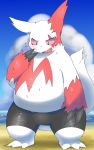  2019 absurd_res anthro beach belly blush clothing cute_fangs dorobo_39 fur hi_res male nintendo outside overweight overweight_male pok&eacute;mon pok&eacute;mon_(species) seaside solo swimwear video_games water white_fur zangoose 