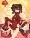  1girl animal_print breasts brown_hair chair china_dress chinese_border chinese_clothes colored_eyelashes commentary_request cowboy_shot dress fish_print flower frilled_sleeves frills girls_frontline hair_ribbon hand_to_own_mouth hanging_light highres lamp looking_at_viewer numazume panties qbz-97 qbz-97_(girls_frontline) red_ribbon ribbon side-tie_panties sleeves_past_wrists small_breasts smirk solo table tassel thighs underwear vase yellow_eyes 