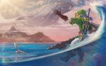 1boy bird brown_gloves commentary earrings english_commentary flying_whale from_behind gloves green_headwear hat highres jellyfish jewelry link master_sword ocean oliver_harbour pointy_ears raft seagull sheath sheathed shield signature solo_focus sword sword_behind_back the_legend_of_zelda the_legend_of_zelda:_link&#039;s_awakening tunic weapon wet_gloves wind_fish 