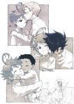  1girl 4boys afterimage blush cheek_kiss child child_carry dark_skin dark_skinned_male emma_(yakusoku_no_neverland) forehead_kiss hand_in_hair hand_on_another&#039;s_head hands_on_another&#039;s_shoulders hetero indesign kiss long_sleeves multiple_boys neck_tattoo norman_(yakusoku_no_neverland) one_eye_closed outside_border phil_(yakusoku_no_neverland) profile ray_(yakusoku_no_neverland) rejection short_hair sketch smile sweat sweating_profusely tattoo yakusoku_no_neverland 