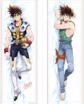  1boy armpits bandana bandana_around_thighs barefoot boots brown_hair character_name dakimakura denim full_body green_shirt guvava jeans looking_at_viewer lying macross macross_7 male_focus mayuki_(ubiquitous) muscle nekki_basara on_side pants shirt solo sunglasses teeth thigh_boots thighhighs torn_clothes torn_jeans torn_pants wristband yellow_eyes 