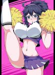  1girl @_@ al_bhed_eyes alternate_breast_size cheerleader hairband hex_maniac_(pokemon) high_kick highres kicking messy_hair navel npc_trainer pokemon pokemon_(game) pokemon_xy pom_poms purple_hairband suzusiigasuki sweat 