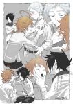  1girl 2boys belt black_hair blue_eyes blush bowl brown_hair cheek_squash chest_tattoo clothes_grab collared_shirt covered_eyes crossed_arms emma_(yakusoku_no_neverland) feeding green_eyes hair_over_one_eye half-closed_eyes hand_in_hair hand_under_clothes holding holding_bowl holding_spoon indesign looking_at_another multiple_boys neck_tattoo nervous norman_(yakusoku_no_neverland) open_mouth outside_border profile ray_(yakusoku_no_neverland) scarf shirt silver_hair sitting sketch smirk spoon sweat tattoo trembling yakusoku_no_neverland 