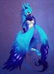  2013 alivia anthro avian beak bird black_beak blue_eyes blue_feathers blue_hair blue_jay blue_theme breasts corvid digital_media_(artwork) falvie feathers female gryphon hair hand_on_neck jay_(bird) long_hair new_world_jay non-mammal_breasts simple_background solo 