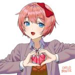  1girl :d artist_name blue_eyes blush bow carlo_montie doki_doki_literature_club grey_jacket hair_bow heart heart_hands jacket looking_at_viewer open_mouth pink_hair red_bow red_hair red_ribbon ribbon sayori_(doki_doki_literature_club) school_uniform short_hair simple_background smile solo white_background 