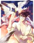  1boy bird bread brown_hair chest eating feeding food glasses macross macross_7 male_focus mayuki_(ubiquitous) nekki_basara open_clothes open_shirt shirt solo upper_body white_shirt yellow_eyes 