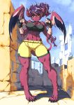  abs anthro big_breasts breasts chest_tuft claws clothed clothing cute_fangs dragon feathered_dragon feathered_wings feathers female ferolepo fur furred_dragon hair looking_at_viewer navel pink_fur purple_hair sky solo tuft wings yellow_eyes 