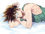  1boy armpits brown_hair green_shirt looking_at_viewer lying macross macross_7 male_focus mayuki_(ubiquitous) nekki_basara on_side shirt short_hair solo sunglasses yellow_eyes 