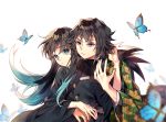  2boys black_hair black_jacket blue_eyes blue_hair blurry_foreground bug butterfly character_request eyebrows_visible_through_hair frown insect jacket japanese_clothes kimetsu_no_yaiba kimono long_hair long_sleeves male_focus multicolored_hair multiple_boys sal simple_background tomioka_giyuu two-tone_hair v-shaped_eyebrows white_background 