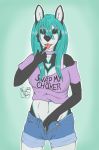  absurd_res artist bottomwear clothing crop_top cutoffs denim denim_clothing digital_media_(artwork) female finger_in_mouth hand_in_pants hi_res kangaroo macropod mammal marsupial meme miss_rain raine_kirijo shirt shorts simple_background teal_hair topwear until_it_snaps 