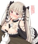  1girl aikawa_ryou azur_lane bangs bare_shoulders between_breasts black_dress blush breasts cleavage commentary_request dress eyebrows_visible_through_hair formidable_(azur_lane) frilled_dress frills grey_hair hair_ribbon highres large_breasts long_hair long_sleeves looking_at_viewer red_eyes ribbon solo_focus translation_request twintails very_long_hair 