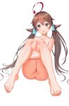  1girl absurdres ahoge aqua_ribbon ass barefoot brown_eyes brown_hair chinese_commentary eyebrows_visible_through_hair highres konishi_(565112307) legs_folded legs_together long_hair looking_at_viewer nude pink_nails pussy ribbon shinka_musume shinka_musume_channel sitting solo toes twintails uncensored virtual_youtuber white_background 