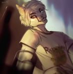  2019 anthro bottle clothed clothing digital_media_(artwork) ear_piercing evlampyshka eyebrows felid feline fur hair half-closed_eyes hi_res looking_aside male mammal piercing rick_and_morty shirt smile solo t-shirt teeth topwear whiskers white_fur white_hair 