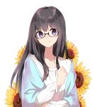  1girl aa_(sin2324) bangs black-framed_eyewear black_hair closed_mouth collarbone commentary_request eyebrows_visible_through_hair floral_background glasses hair_between_eyes hand_up himawari-san himawari-san_(character) long_hair long_sleeves looking_at_viewer purple_eyes shirt simple_background smile solo upper_body white_background white_shirt 