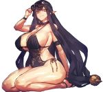  1girl armband bangs bare_shoulders black_hair black_swimsuit breasts cleavage eyewear_on_head fate/apocrypha fate_(series) hair_between_eyes huge_breasts jewelry long_hair looking_at_viewer melon22 navel necklace one-piece_swimsuit pointy_ears sandals seiza semiramis_(fate) simple_background sitting solo sunglasses swimsuit thighs very_long_hair white_background yellow_eyes 