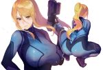  1girl ass back bangs blue_bodysuit blue_eyes blush bodysuit breasts gun hair_between_eyes high_ponytail holding holding_gun holding_weapon iku_(ikuchan_kaoru) large_breasts long_hair looking_at_viewer metroid mole mole_under_mouth multiple_views paralyzer ponytail samus_aran sidelocks simple_background smile squatting stun_gun thighs weapon white_background zero_suit 