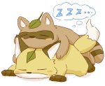  2019 blush canid canine duo eyes_closed fox leaf mammal raccoon_dog simple_background sleeping tanuki text wanisuke white_background 