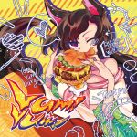  1girl animal_ears bangs bare_shoulders breasts brown_hair commentary_request directional_arrow dress eyebrows_visible_through_hair fang food frilled_sleeves frills hamburger heart holding holding_food ifelt_(tamaki_zutama) imaizumi_kagerou large_breasts long_hair long_sleeves looking_at_viewer off-shoulder_dress off_shoulder red_eyes smile solo spoken_heart sunny_side_up_egg tail touhou upper_body white_dress wide_sleeves wolf_ears wolf_tail yellow_background 