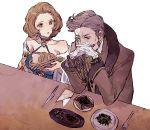  1boy 1girl bare_shoulders basket bread brown_eyes brown_hair elbows_on_table facial_hair fire_emblem fire_emblem:_three_houses food fork grey_hair hanneman_von_essar indoors interlocked_fingers knife long_sleeves looking_at_another manuela_casagranda monocle mustache napkin plate short_hair shourou_kanna toast white_background 