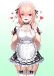  1girl absurdres alternate_costume apron bangs blush breasts choker collarbone cowboy_shot enmaided eyebrows_visible_through_hair fangs girls_frontline gradient gradient_background greem_bang hair_between_eyes heart highres long_hair looking_at_viewer m4_sopmod_ii_(girls_frontline) maid maid_headdress medium_breasts multicolored_hair open_mouth pink_hair puffy_short_sleeves puffy_sleeves red_eyes red_hair short_sleeves sidelocks simple_background smile solo streaked_hair tongue tongue_out vampire wrist_cuffs 