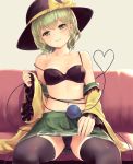  1girl bangs black_bra black_headwear black_legwear black_panties blush bow bra breasts collarbone commentary_request couch culter eyebrows_visible_through_hair feet_out_of_frame frilled_sleeves frills green_eyes green_hair green_skirt hat hat_bow heart heart_of_string highres indoors komeiji_koishi long_sleeves looking_at_viewer miniskirt off_shoulder open_clothes open_shirt panties pantyshot pantyshot_(sitting) parted_lips shirt short_hair sitting skirt small_breasts solo stomach strap_slip thighhighs thighs third_eye touhou underwear wide_sleeves yellow_bow 